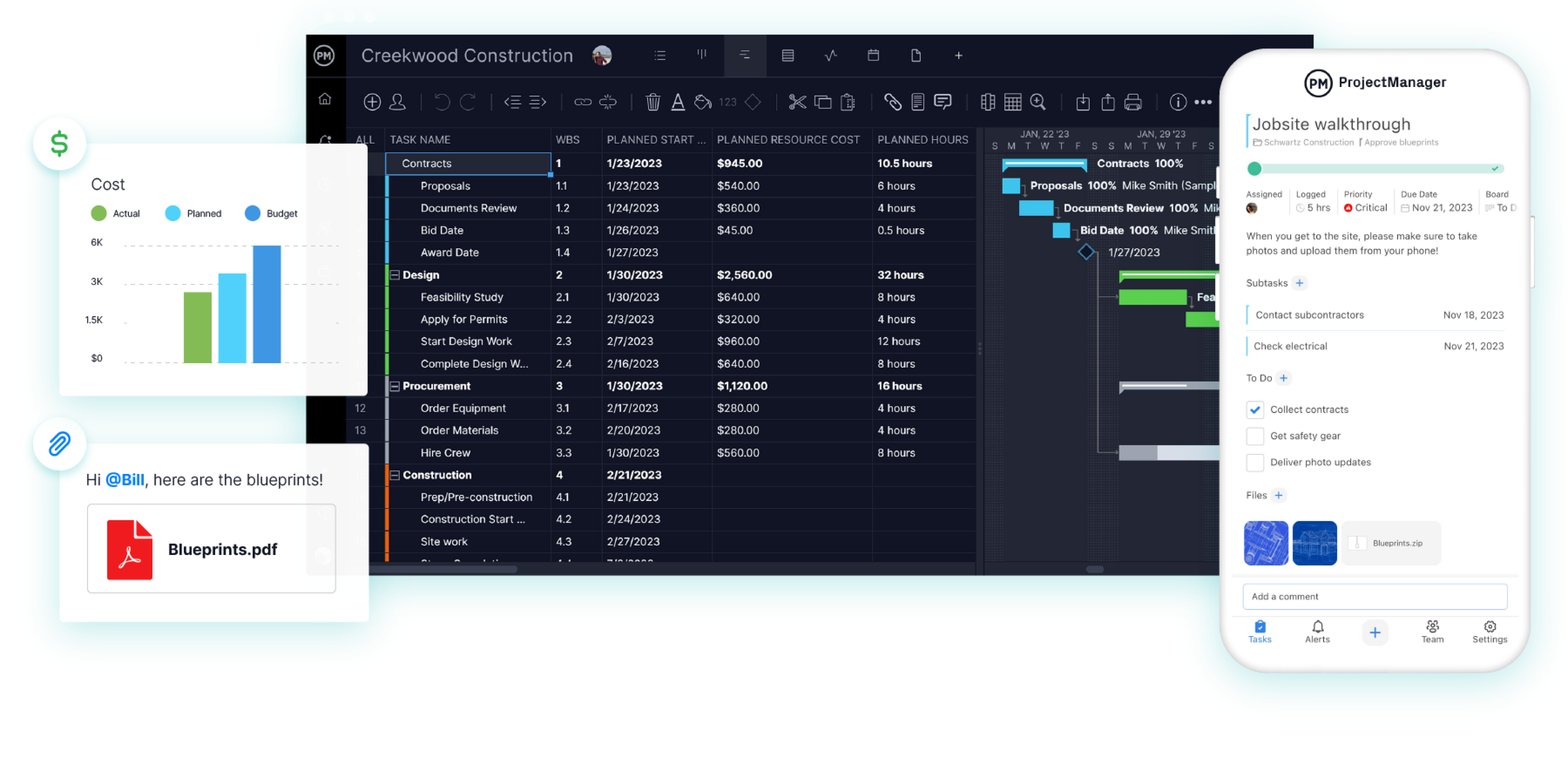 Construction project management software with a Gantt chart, dashboard and mobile app