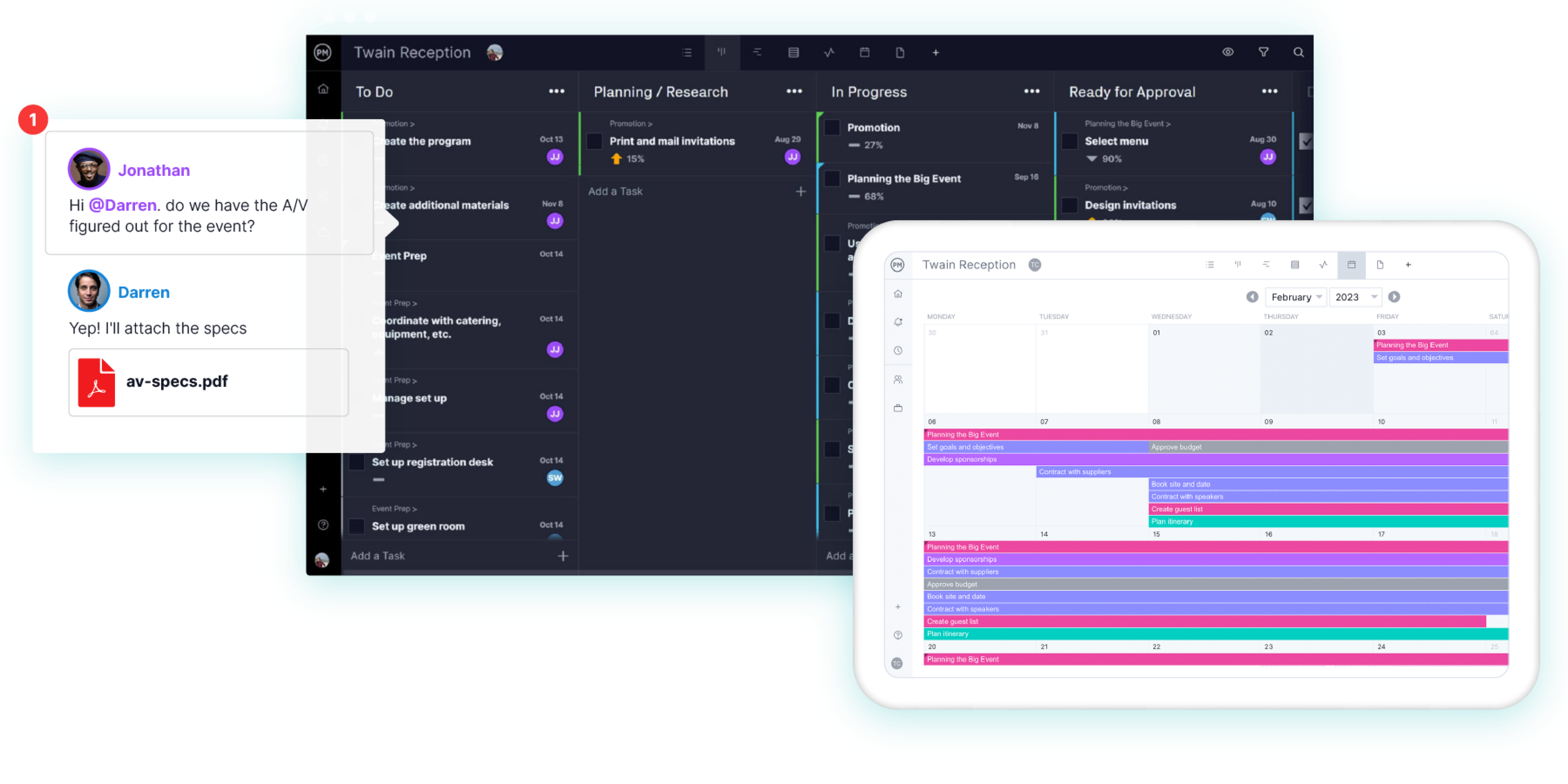 Event project management software with an event calendar, kanban board and chat window