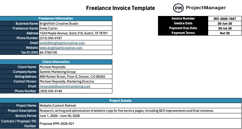 Freelance Invoice Template for Excel