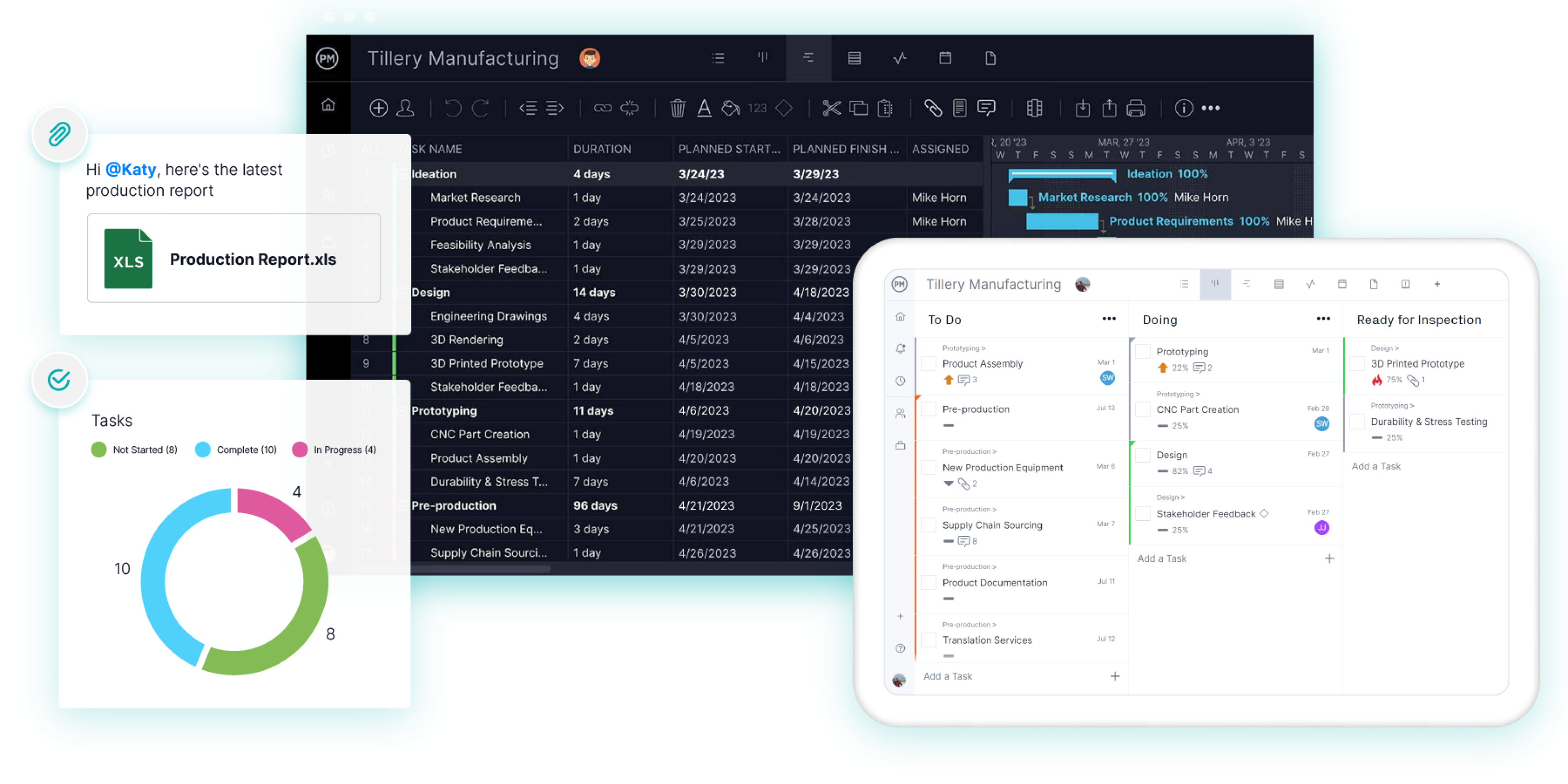 Manufacturing project management software with a Gantt chart, tablet with kanban board and dashboard