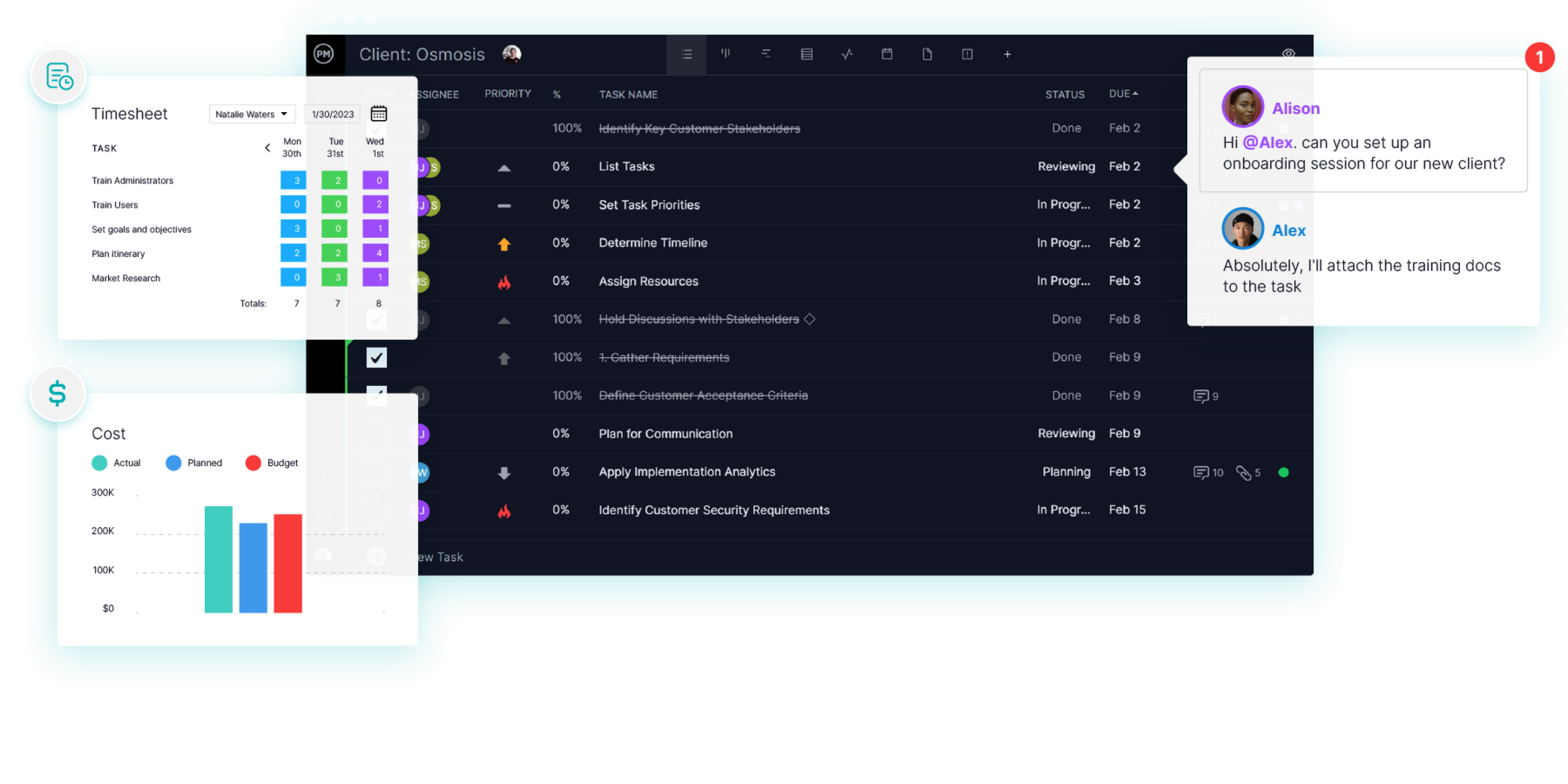 Professional services project management software with a task list, timesheet and cost graph from dashboard
