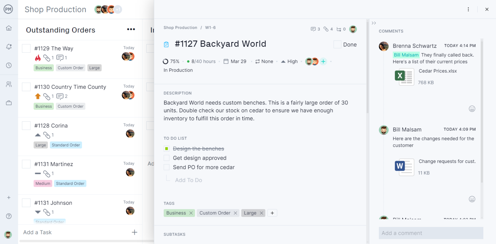 A zoomed in screenshot of ProjectManager.com’s task list view
